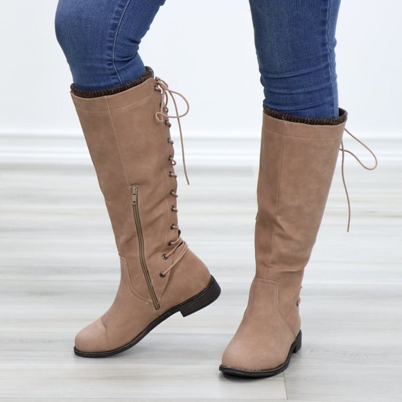 Shoes - Taupe Warm Winter Mid Calf Lace Back Boots